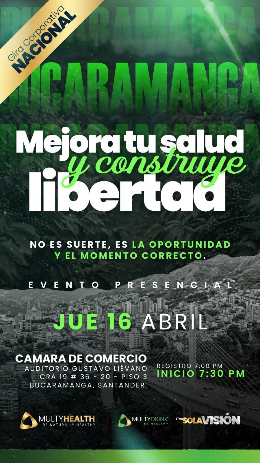 Flyer Evento MULTIDRINK PIONEROS en Cámara de Comercio de Bucaramanga 16/04/2026 7:00 PM a 9:00 PM "dedica este espacio a conocer cosas buenas para la salud y rebuenas para los ingresos extras"